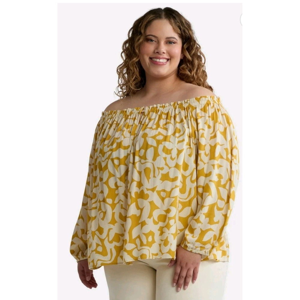 Terra & Sky Amber Glow Yellow Floral Off/On-Shoulder Peasant LS Top‎ OX 14W NWT